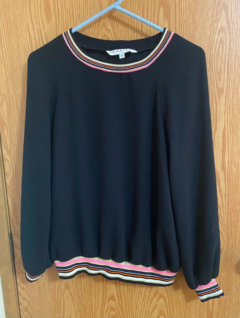 Trina Turk Black Pullover Top Size S Rainbow Striped Trim
